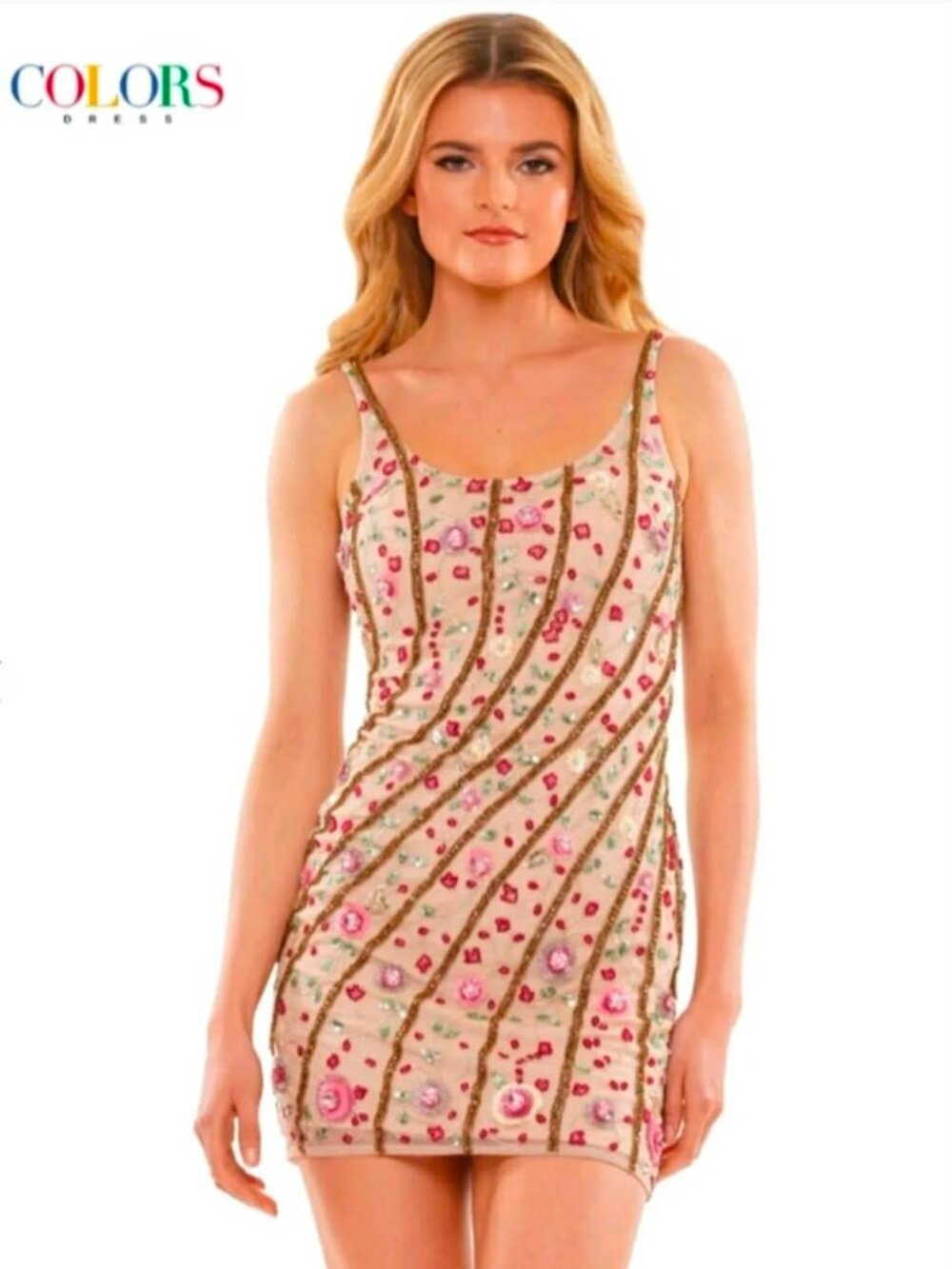 Colors Dress 2903 Floral Beaded Nude Cocktail Mini Dress NWT Size 12